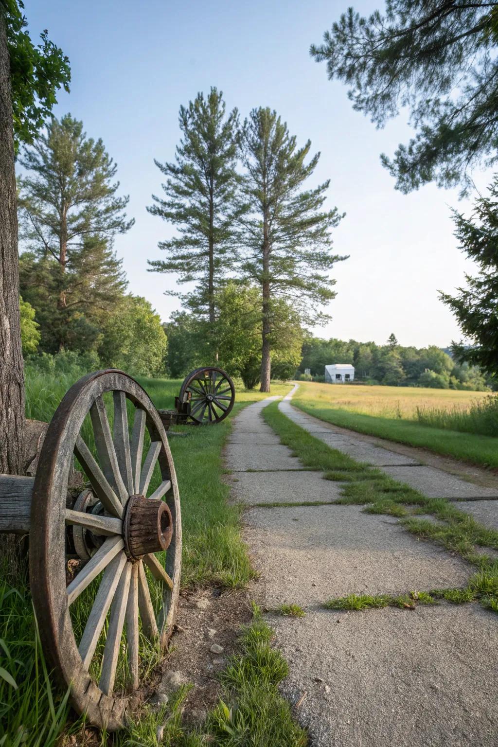 Carriage wheels artistically outlining a driveway, amplifying its rustic charm.