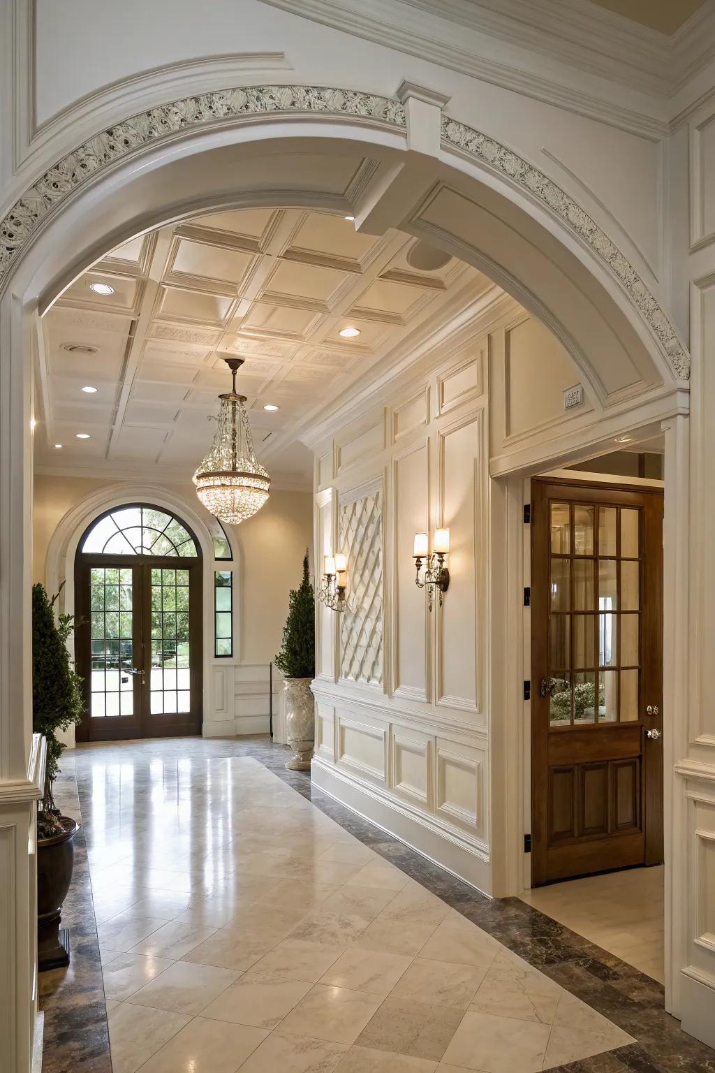 An entryway presenting integrated wainscoting alongside crown molding.