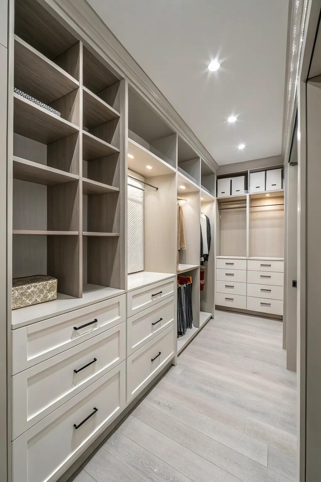 A walk-in closet styled in neutral colors for a modern, peaceful ambiance.