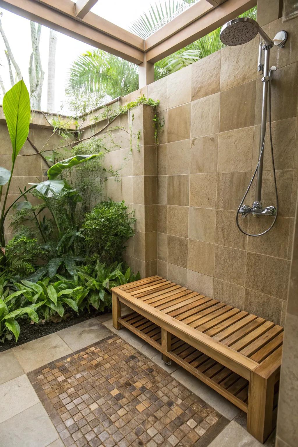 An eco-conscious bamboo bench adds warmth and sustainability to the shower.