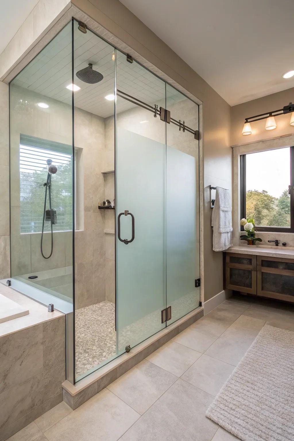 Etched glass panels blend privacy with a modern vibe in this walk-in shower.