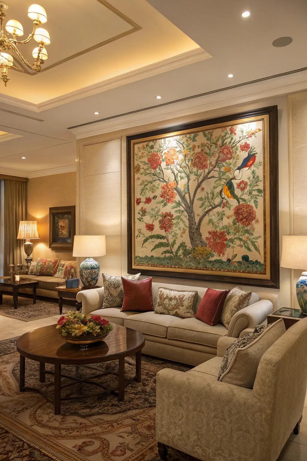 A living room where a large central artwork draws the eye.