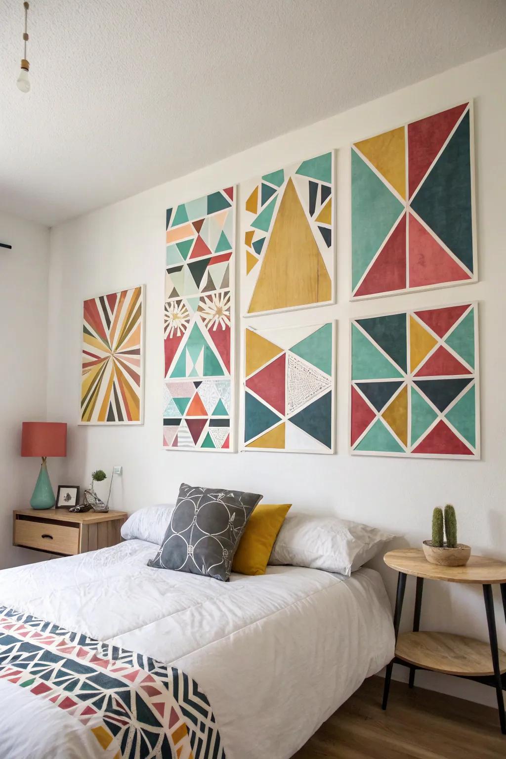 Modern geometric art establishes a streamlined, contemporary look.