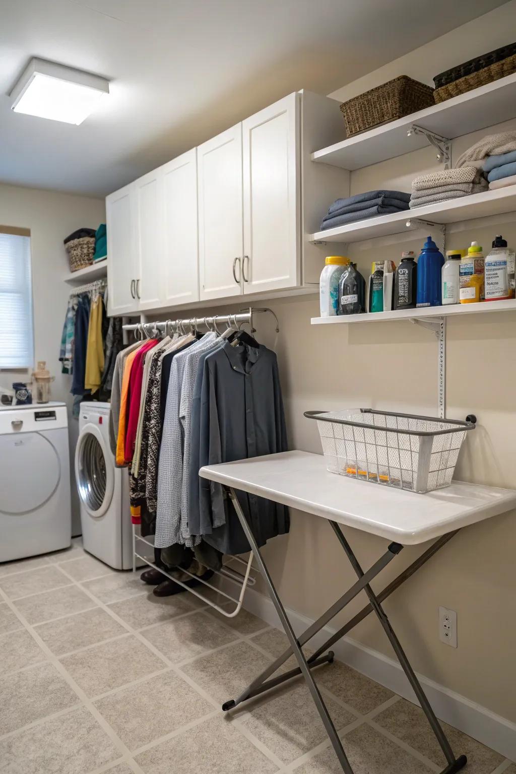 A practical laundry room fitted with a wall-mounted clothing rack.