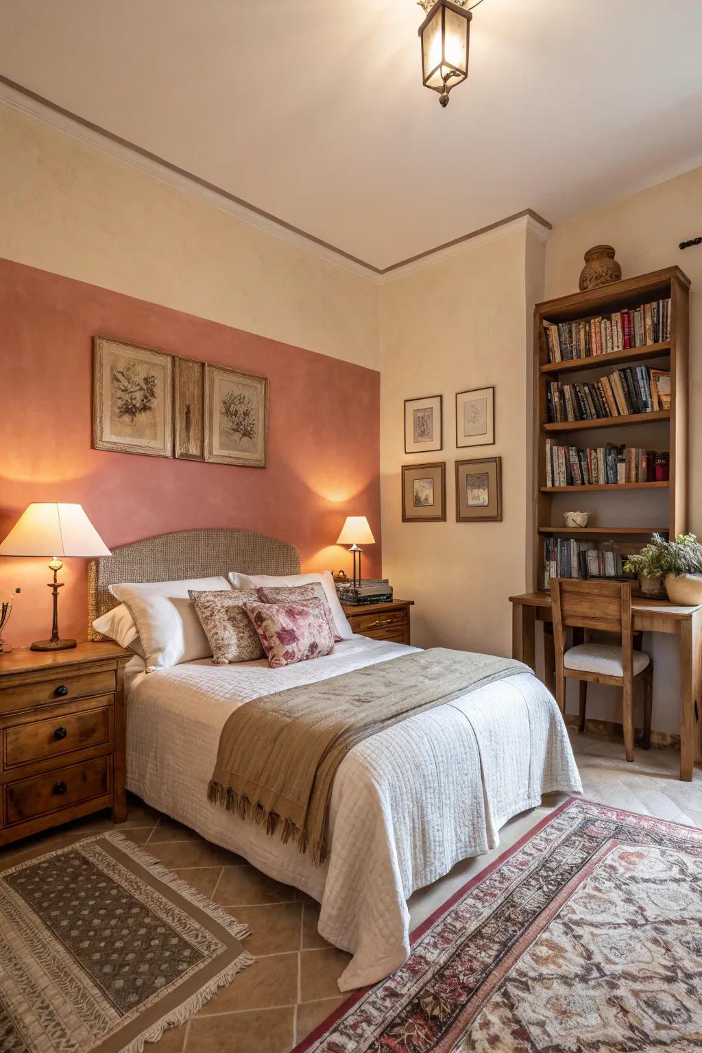 Surfaces colored partially bringing warmth to a guest room.