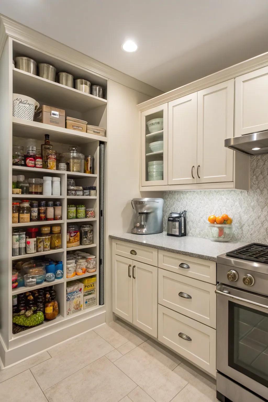 Hybrid pantry incorporating a food prep area.