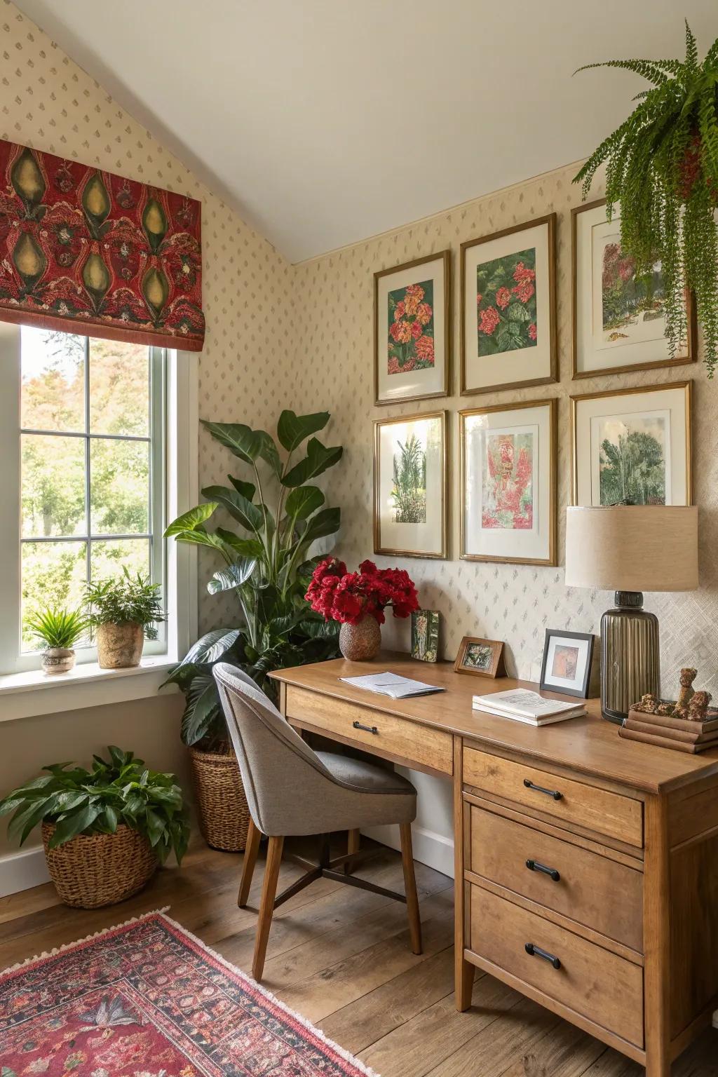 Feature walls featuring plants and art create a captivating display.