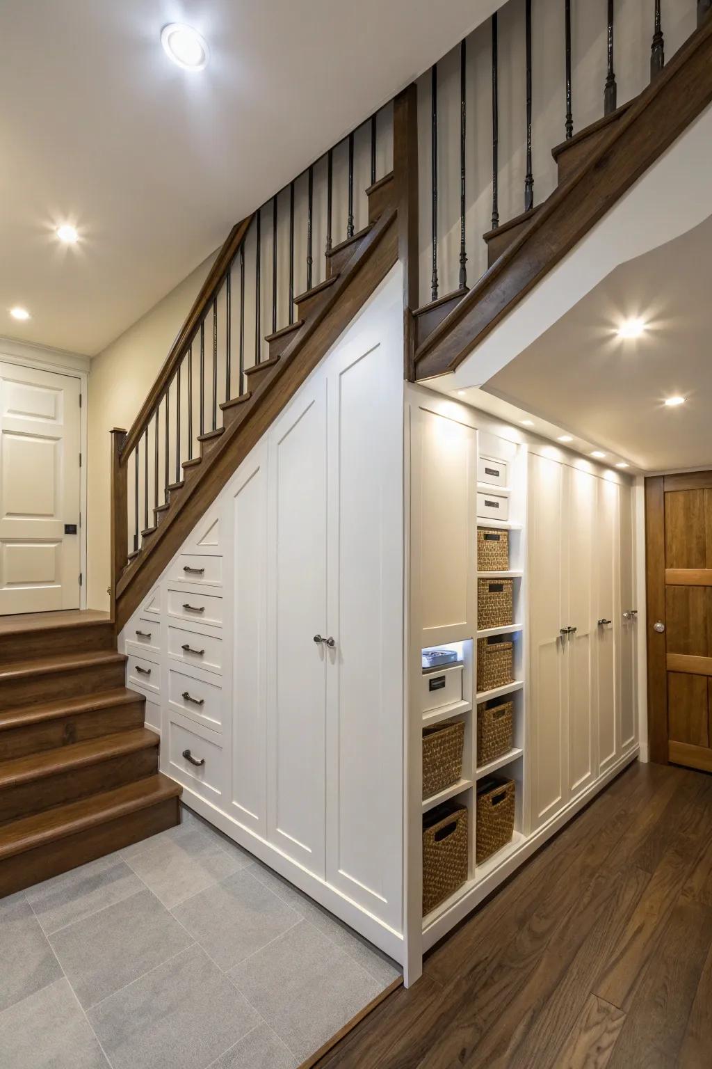 Concealed storage beneath the staircase ensures a tidy home.