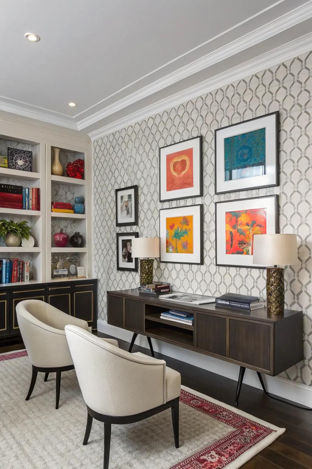 Monochrome wallpaper delivers a sophisticated and adaptable background.