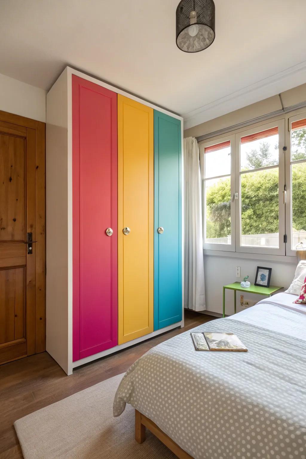 A wardrobe featuring colorful doors, injecting dynamism into the room.