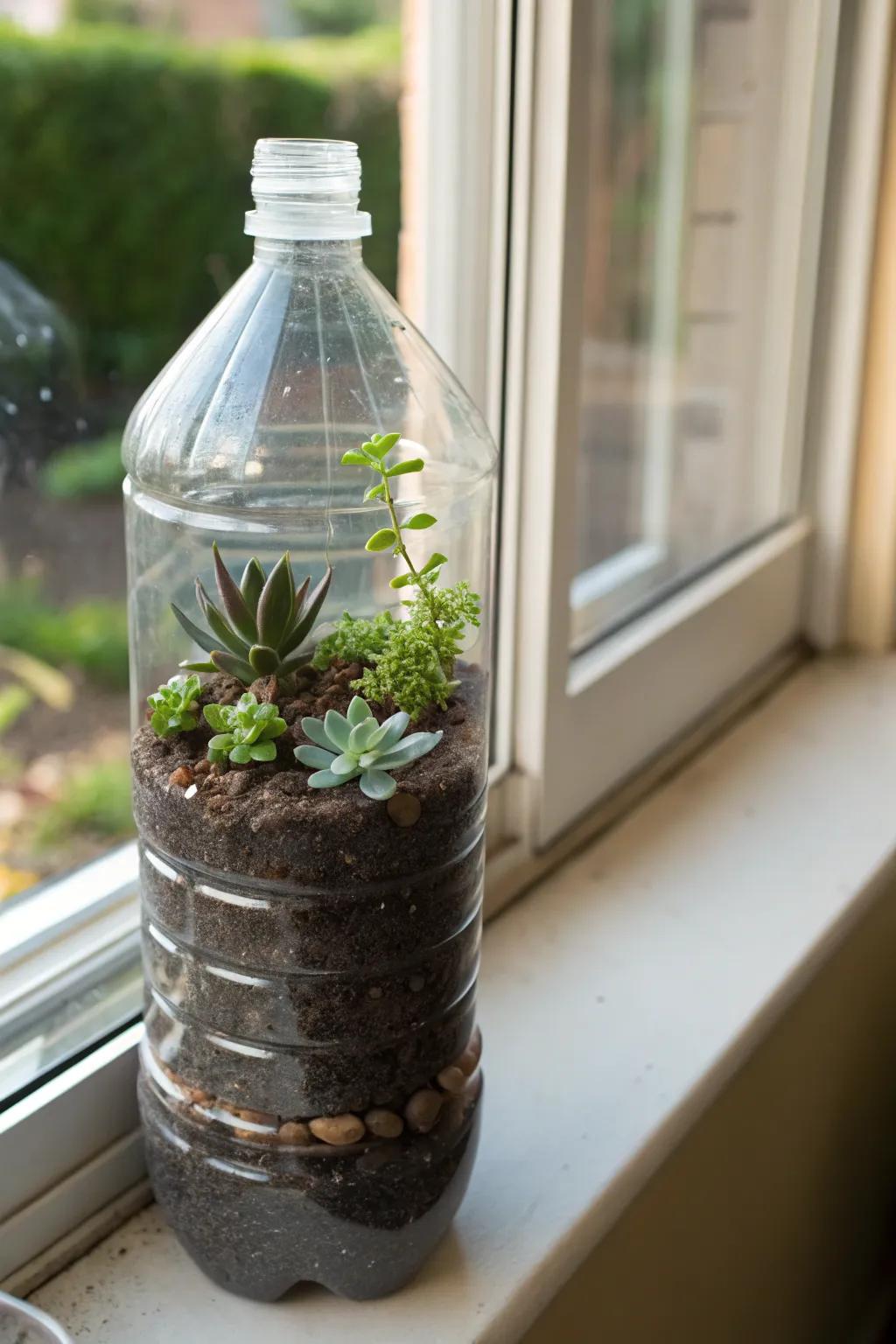 A hydration container repurposed into a succulent planter.