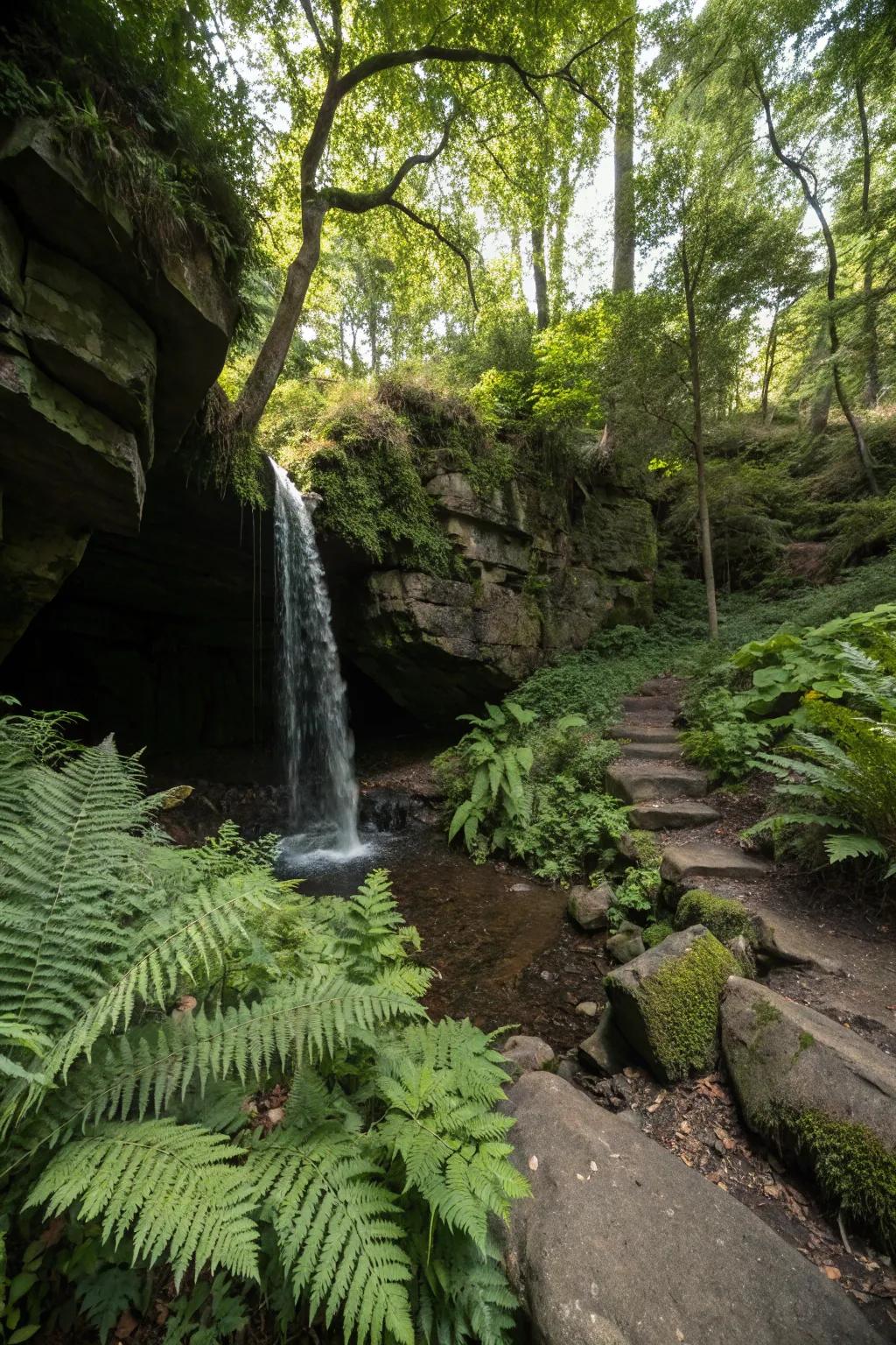 A concealed cave cascade creates a magical garden escape.