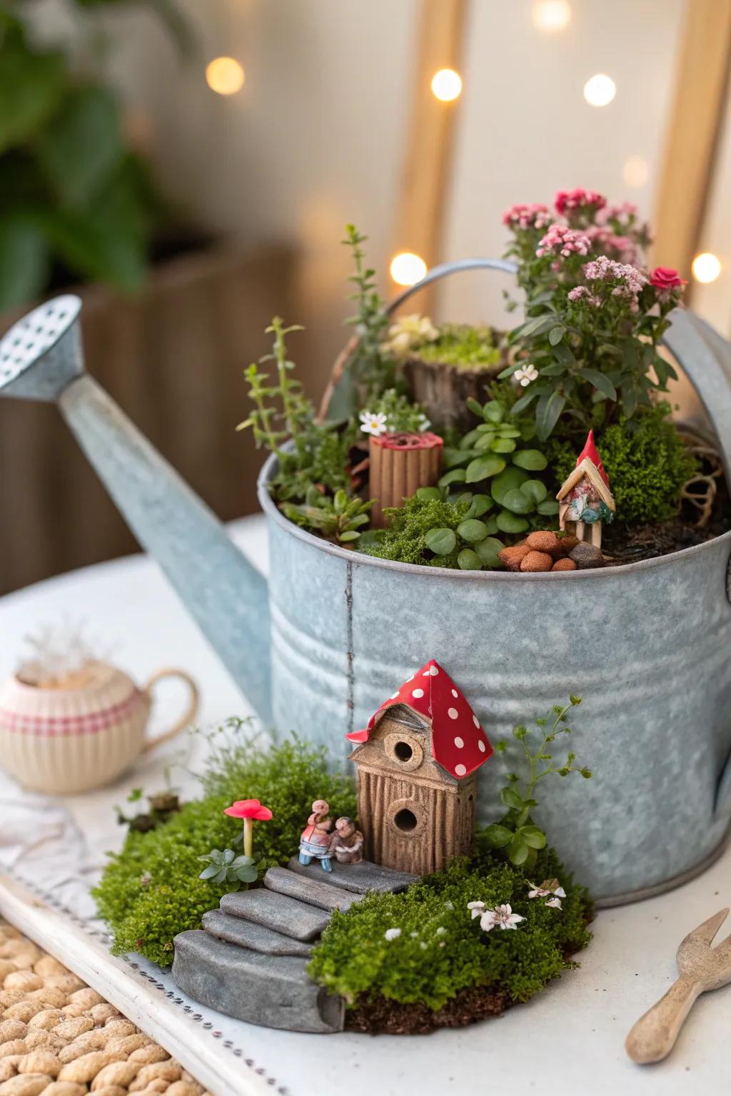 A whimsical enchanted garden nestled within a watering can.