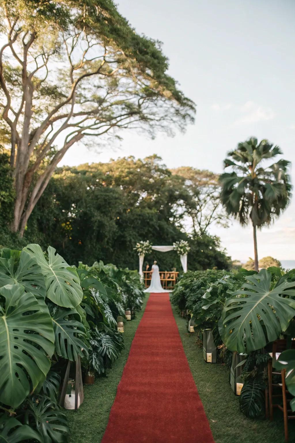 A vibrant tropical leaf aisle for an exotic ambiance.