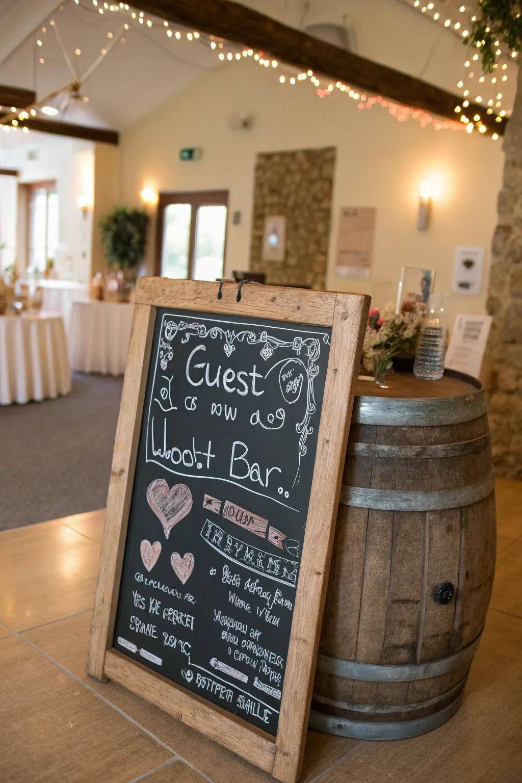 An interactive chalkboard sign is marked with guest messages.
