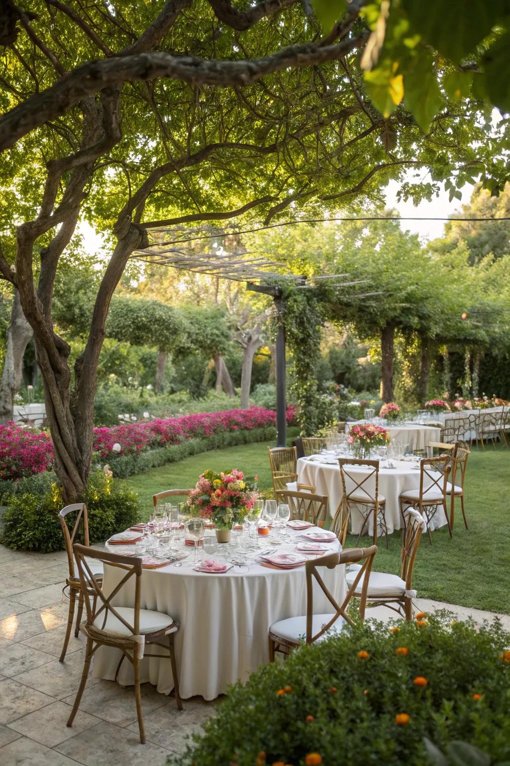 An enchanting outdoor arrangement prepared for a marriage meal within natural surroundings.