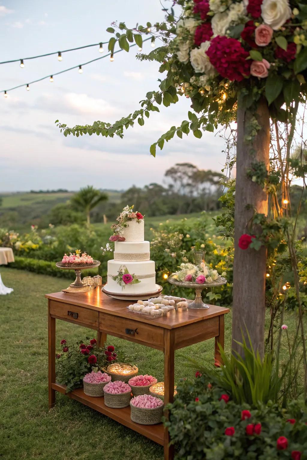 A wedding cake showcased amidst the natural splendor of a garden.
