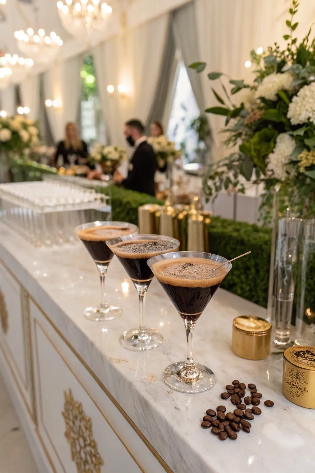 An espresso cocktail corner at a wedding coffee gathering.