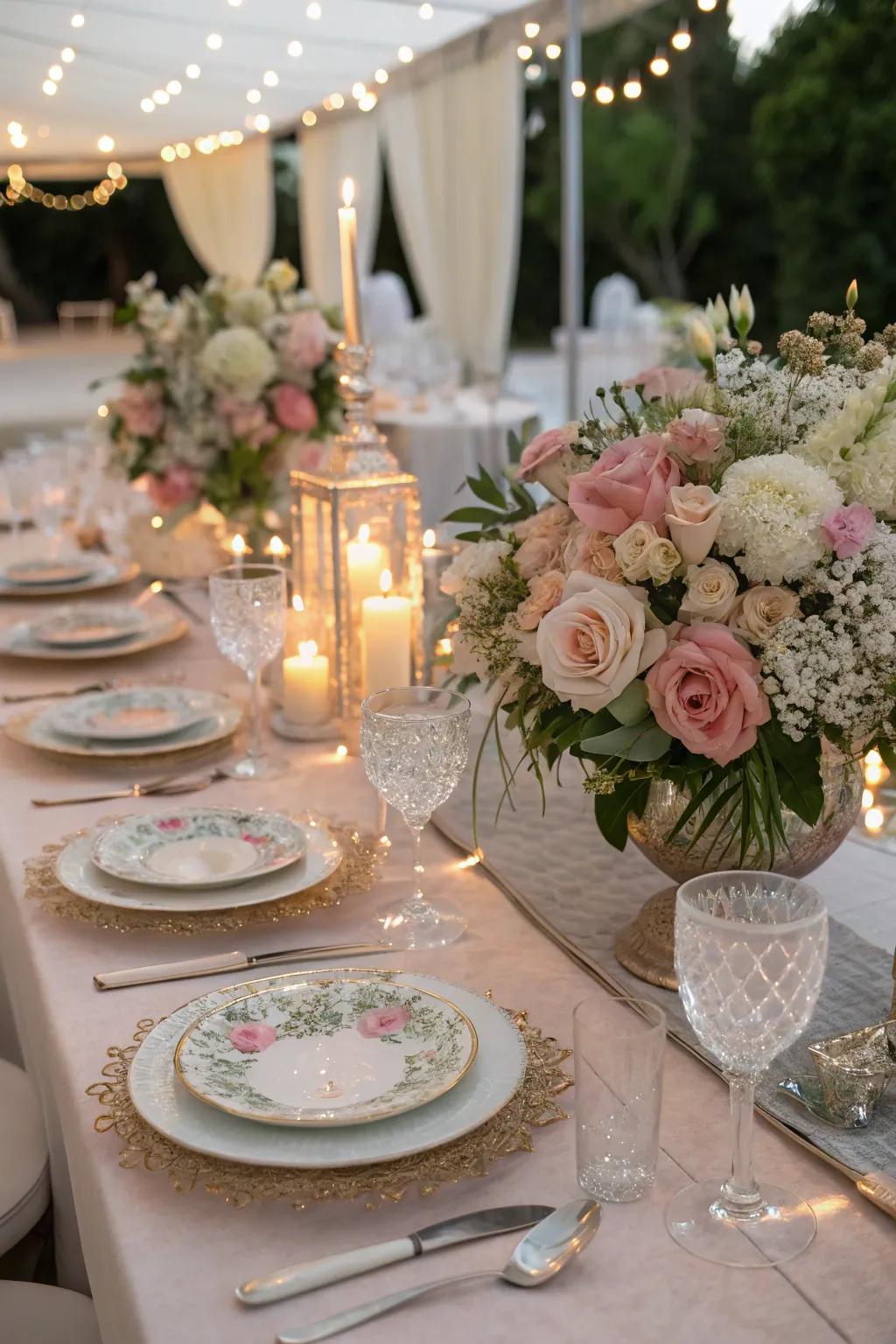 A table composition unified through floral accents and harmonizing tableware, creating an atmosphere that's welcoming and sophisticated.