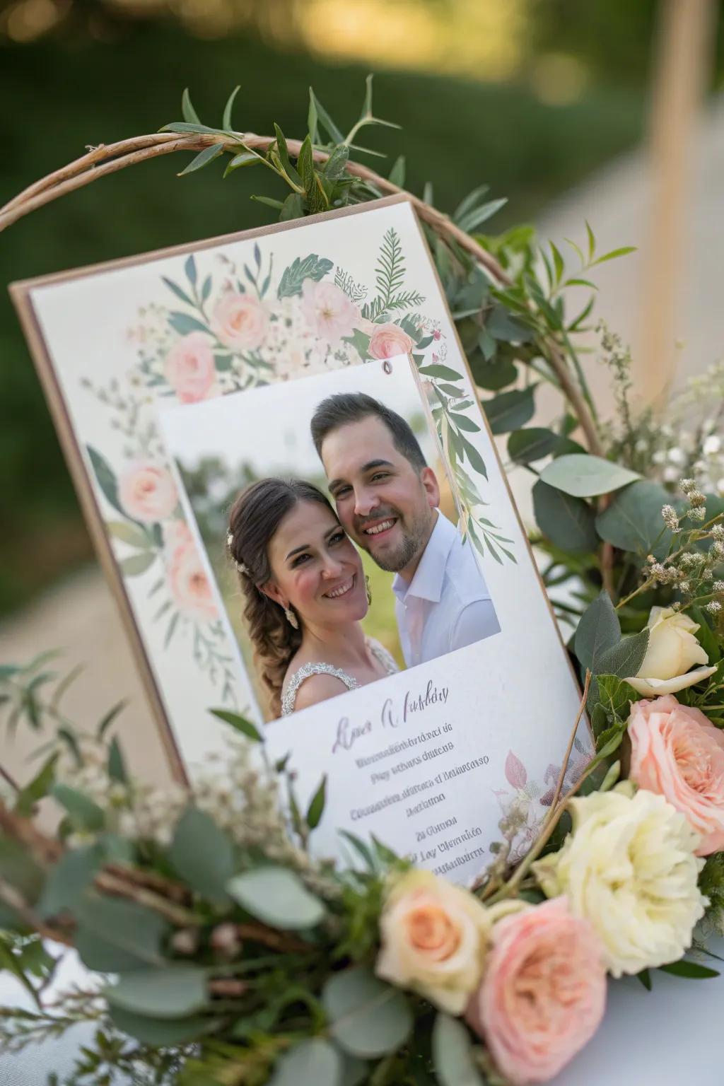 Personalized wedding invitation featuring a couple's photograph.