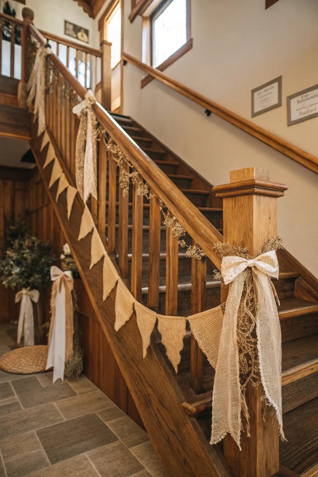 Homespun timber accents and fiber cloth contribute a snug appeal to this stairway.