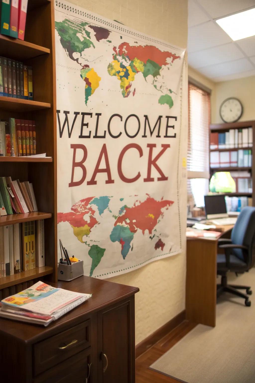 A world map-themed poster adds a global touch to a study room.