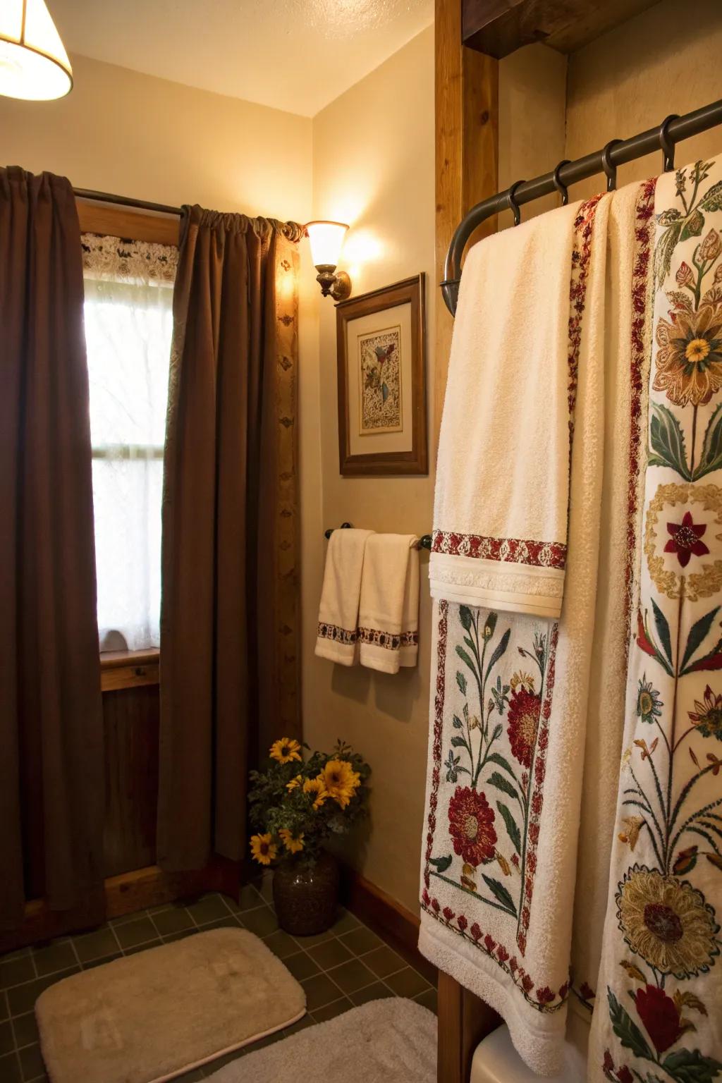 Snug fabrics infuse balminess into this Western bathroom.