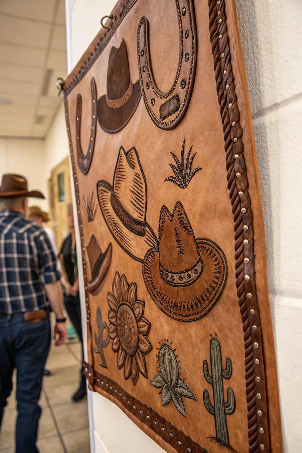 Hand-fashioned leather wall art showcasing Western imagery.