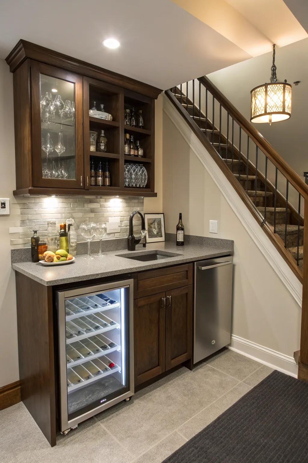 Maximize space in a small basement with a compact wet bar design.