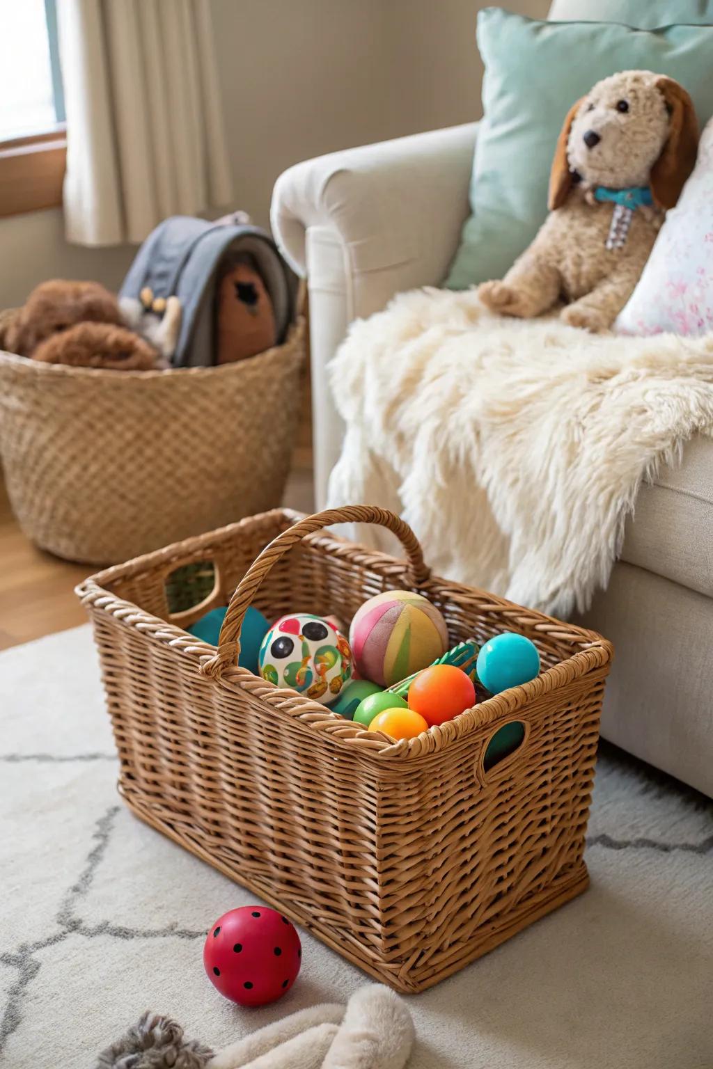 A container filled with pet toys assists in maintaining your furry friend's items neatly sorted.