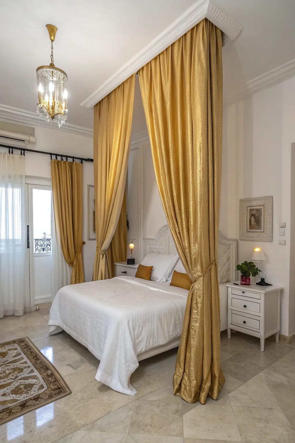 Elegance and privacy are ensured with gold drapes.