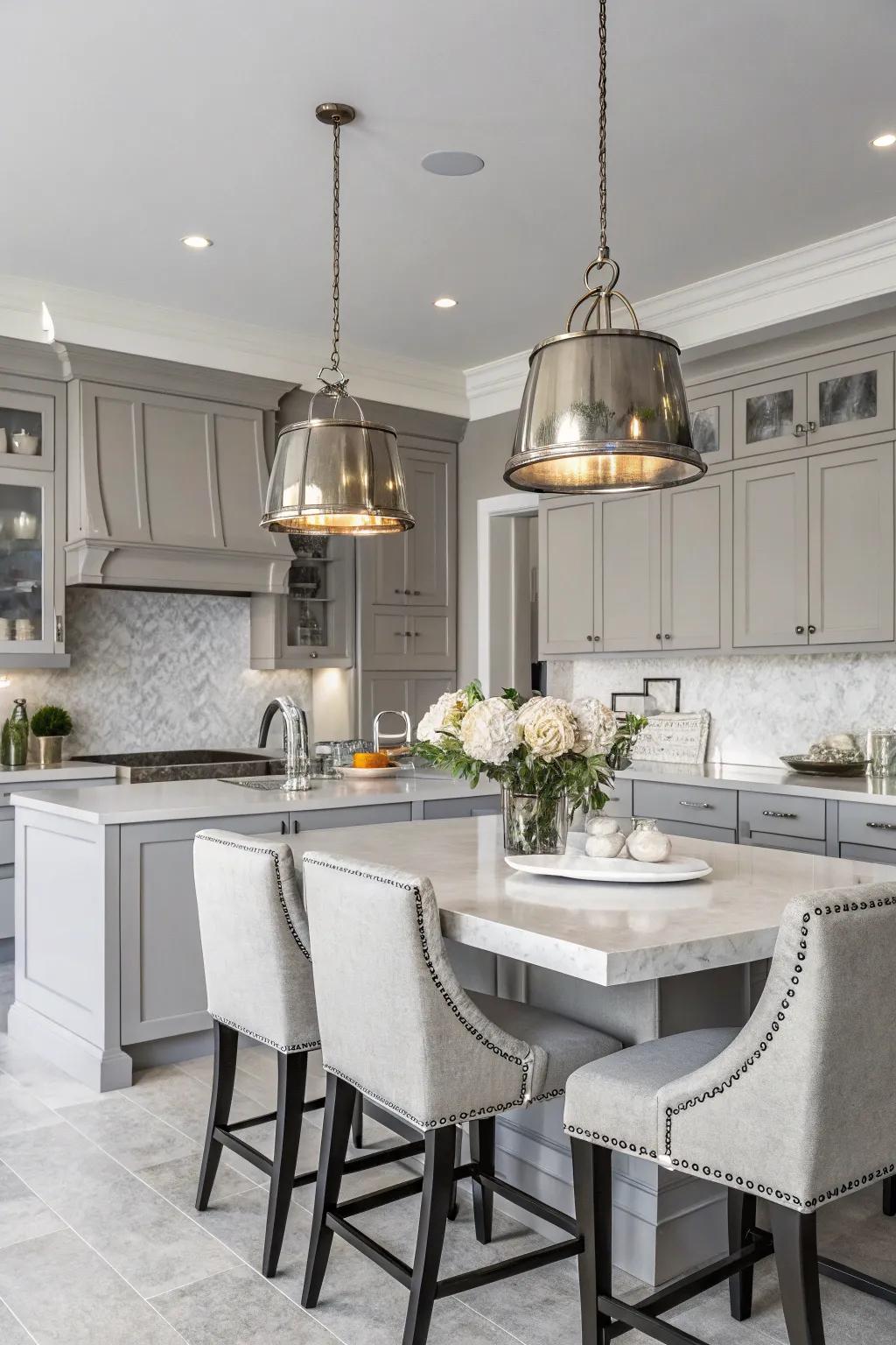 Metallic drop lights add an element of refinement to the kitchen.