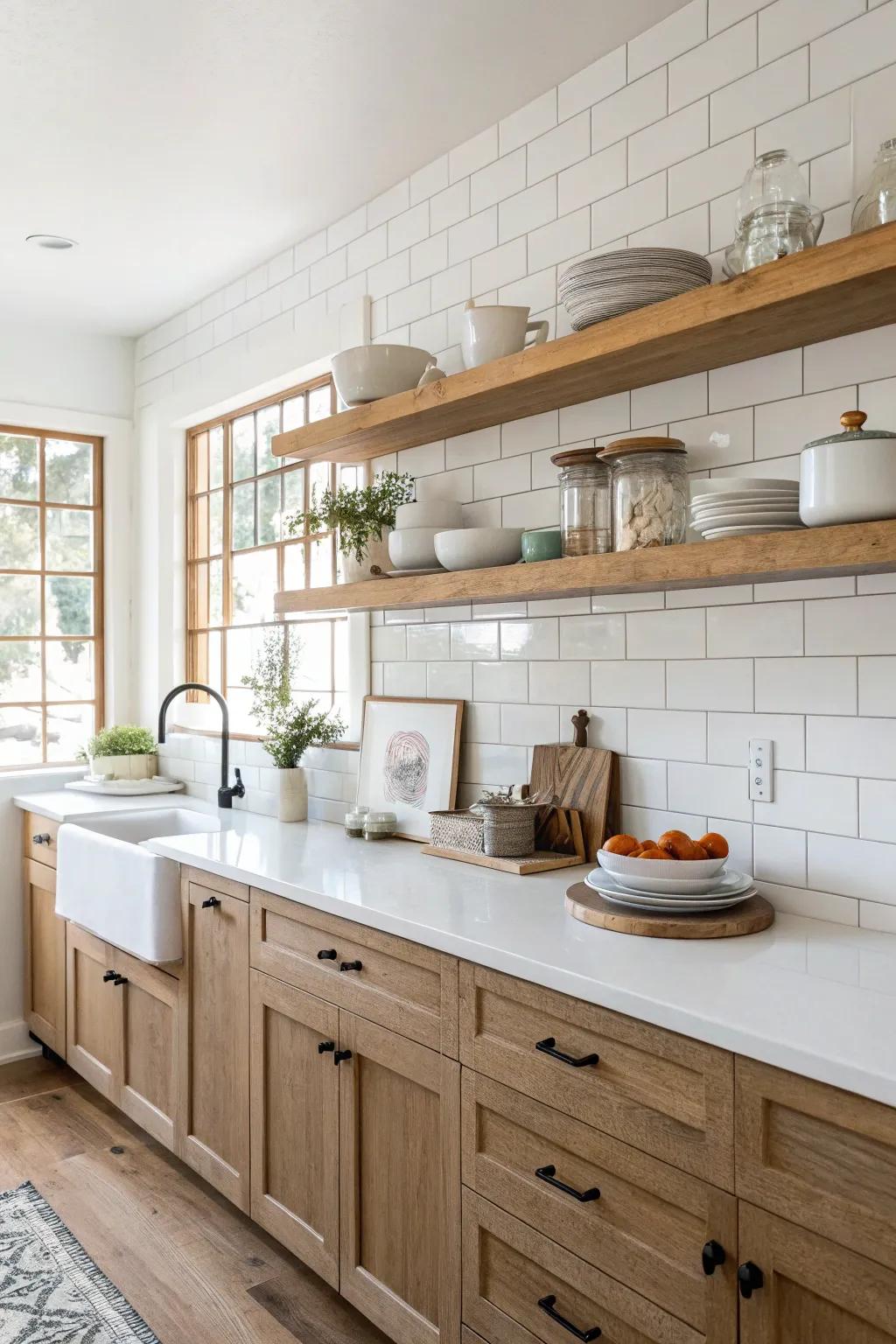 Exposed shelving allowing the backsplash to shine.