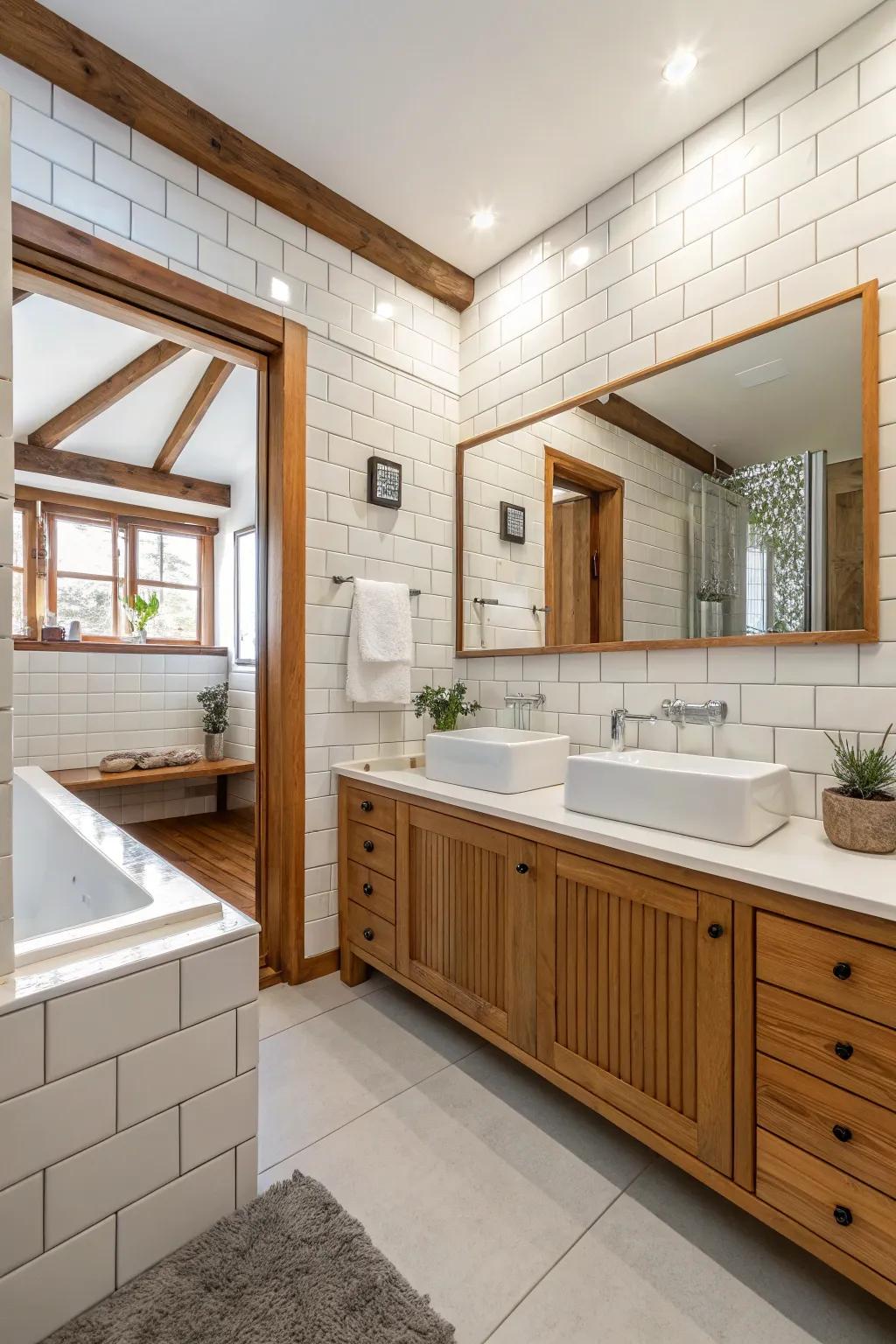Mixed materials add texture and depth to a white-tiled bathroom.