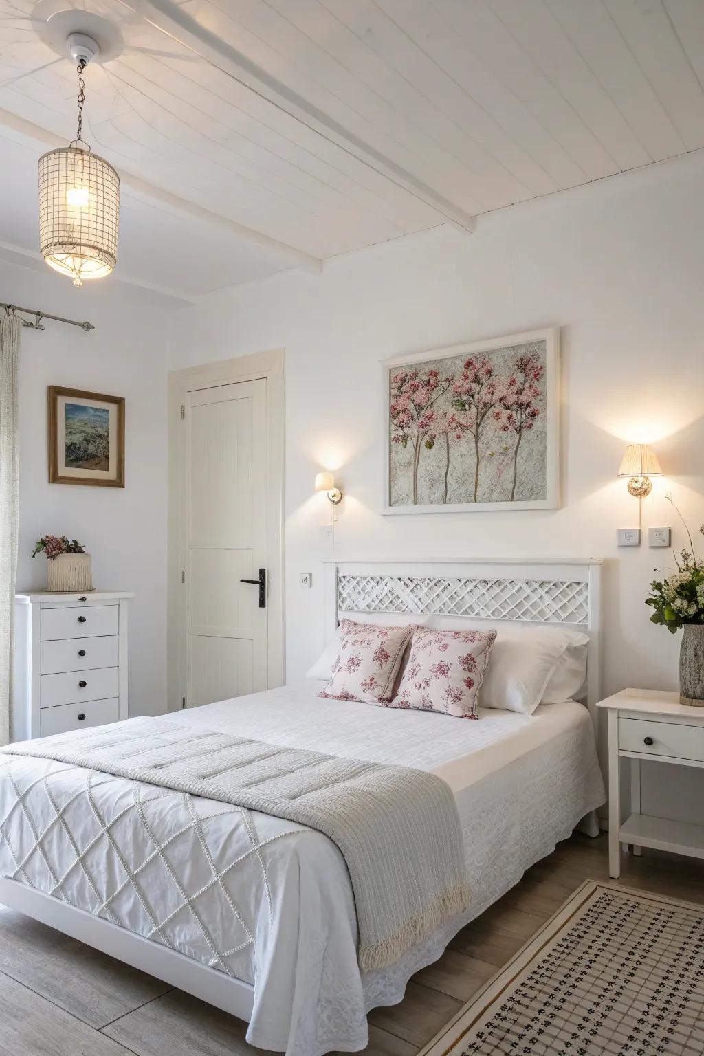 Artistic accents contribute individuality to a serene white bedroom.