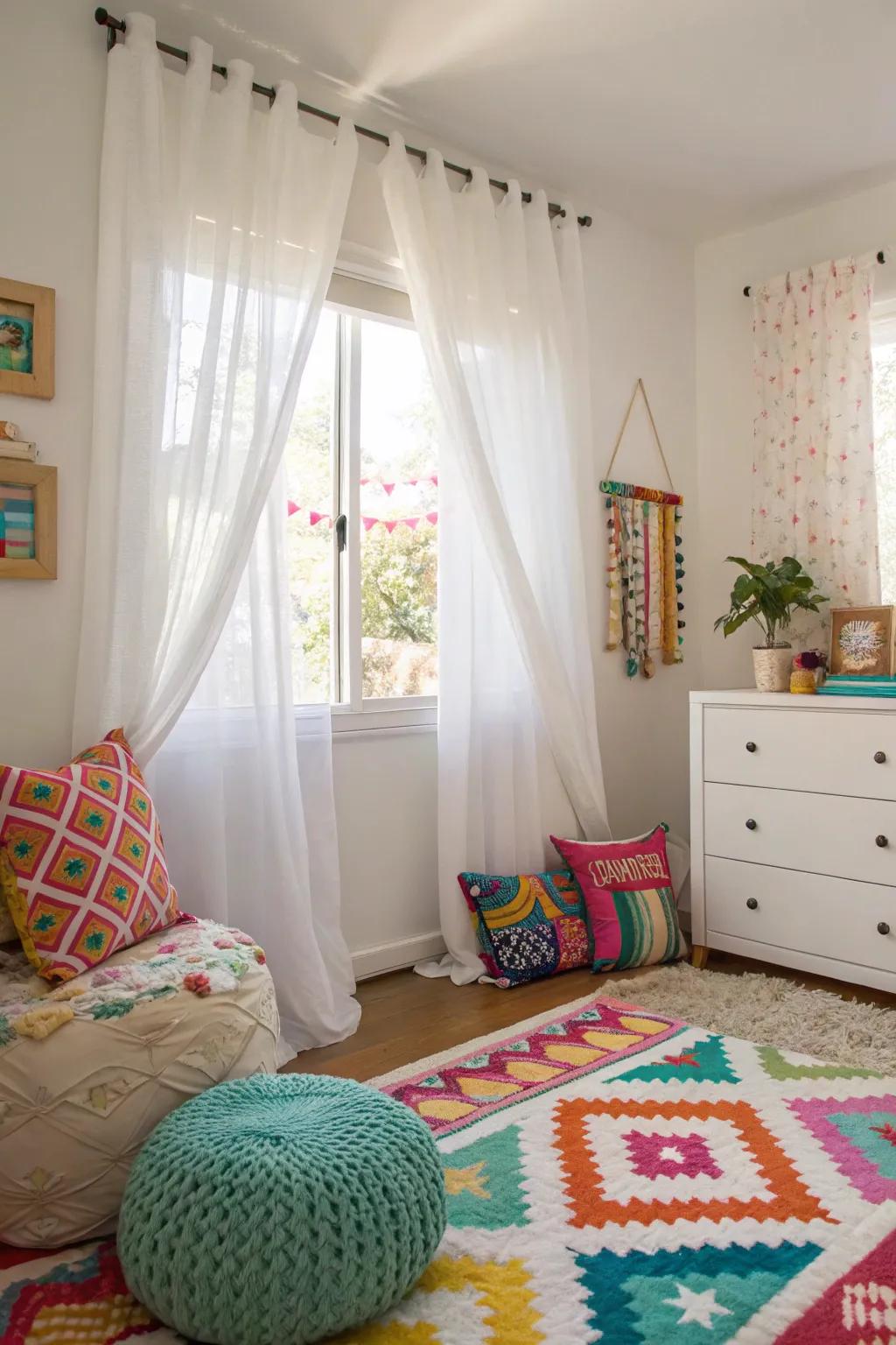 Pale drapes create a gentle emphasis, allowing other design elements to become the focal point.