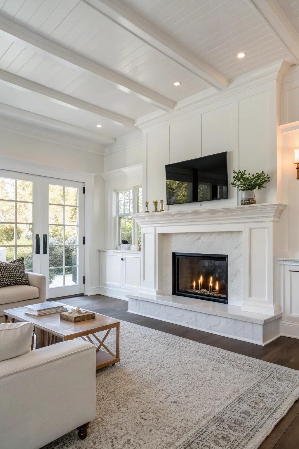 A fireplace contributes warmth and coziness to a white space.
