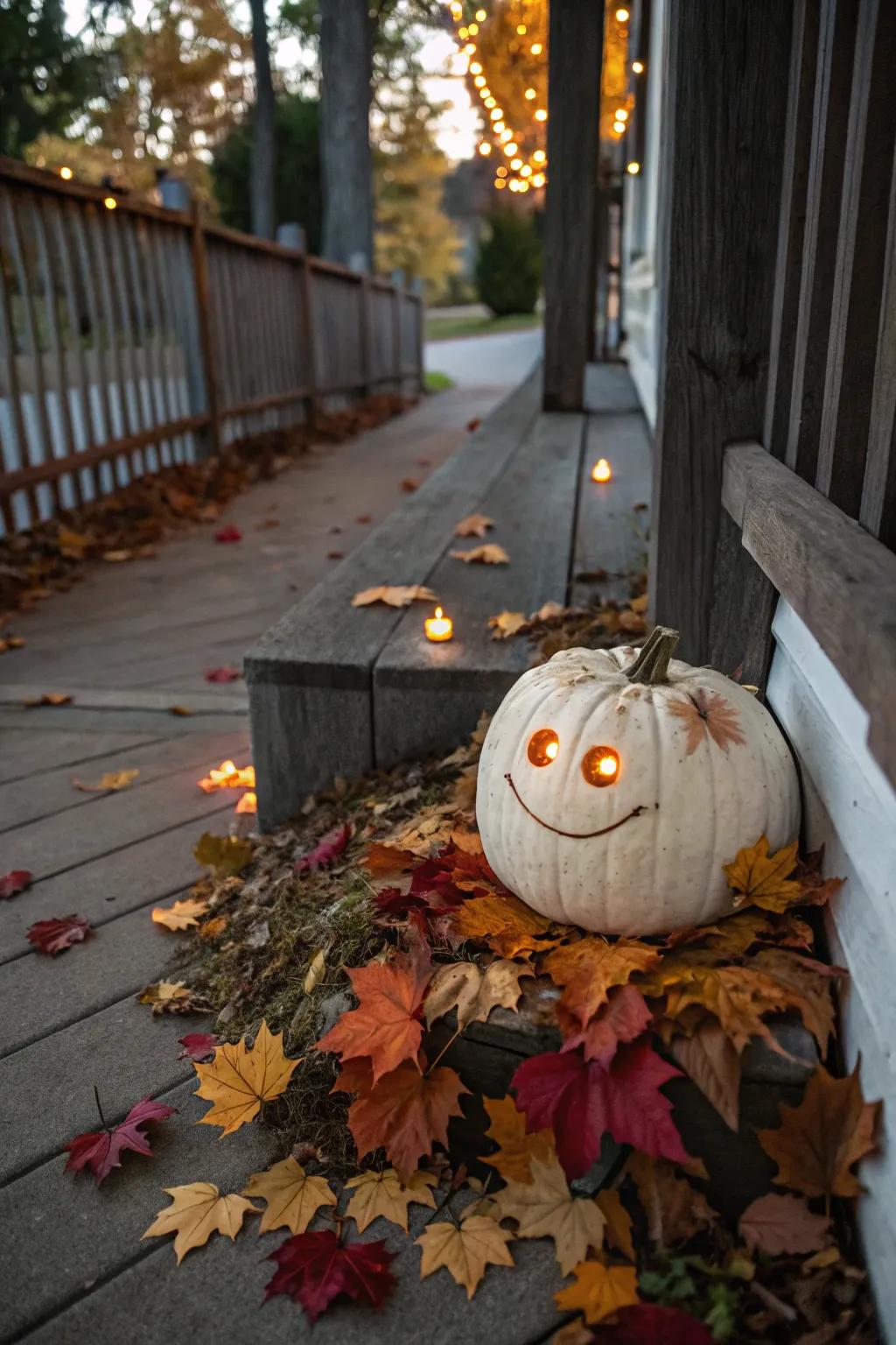 A sculpted pumpkin beautifully positioned in a festive outdoor arrangement.
