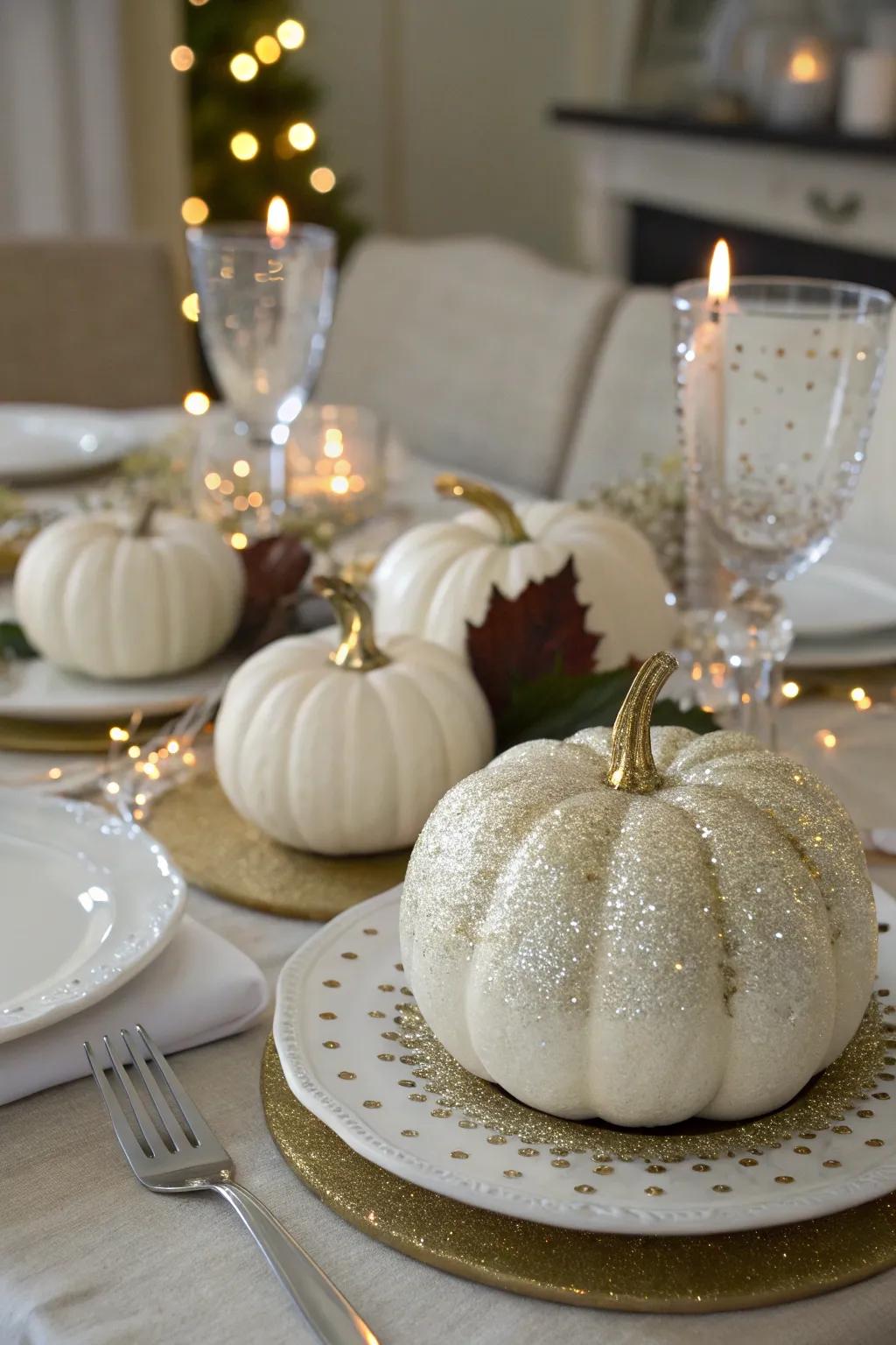 Shimmer-coated pumpkins for a sparkling display.