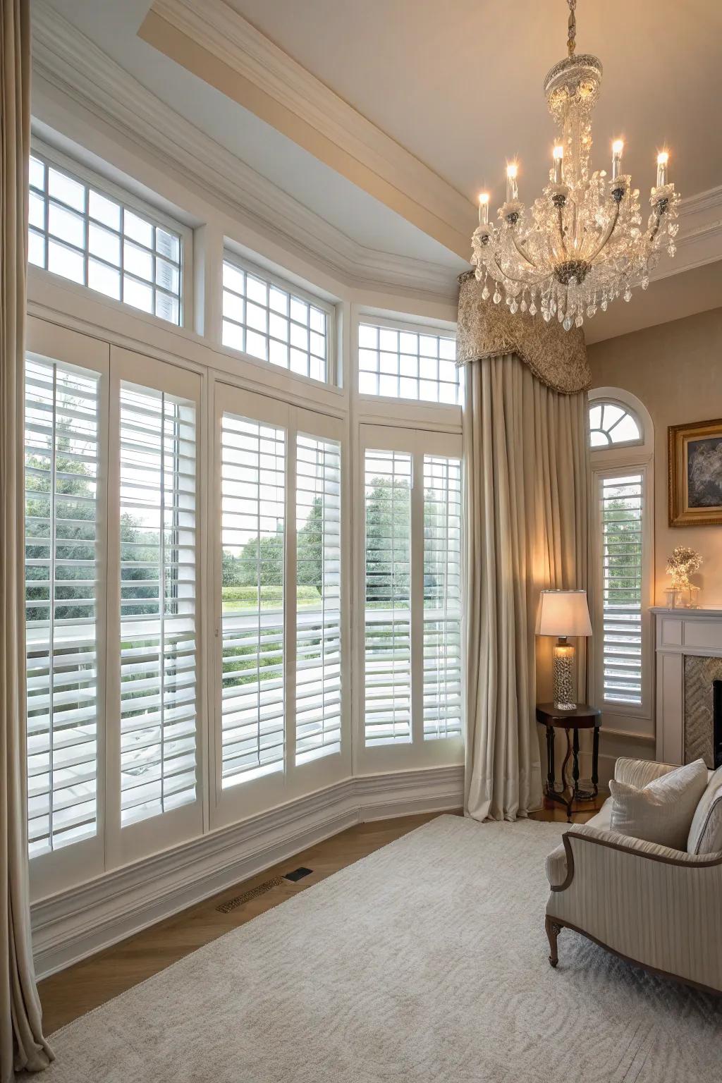 Interior shutters add enduring class to broad windows.