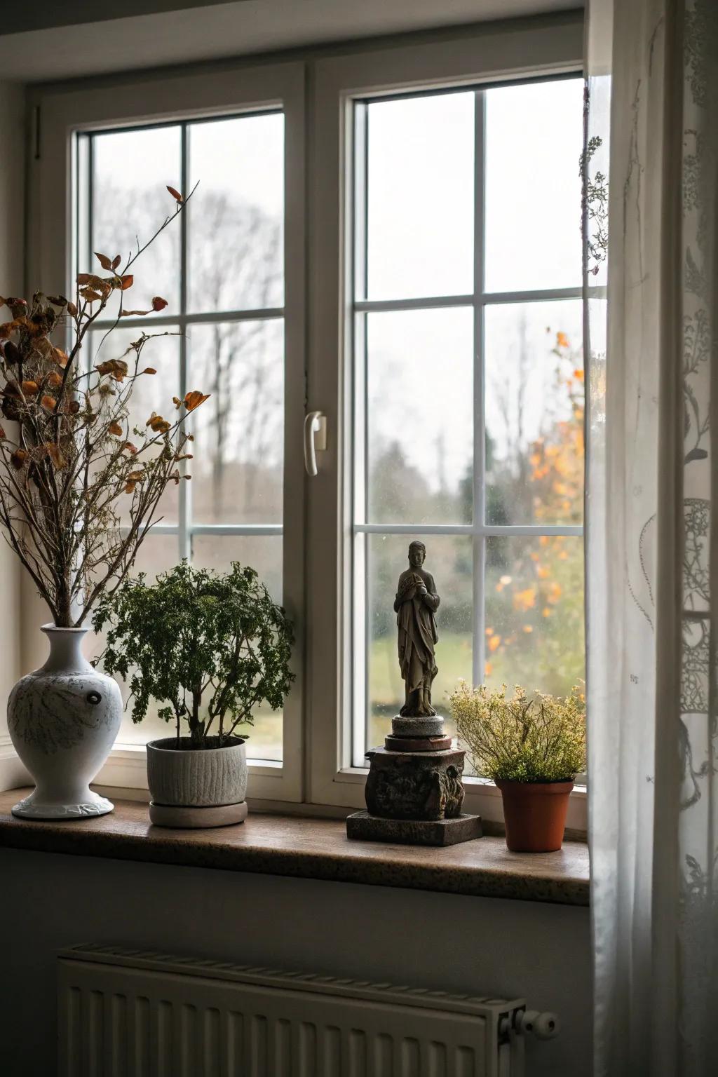 A window sill enhanced with a small sculpture, adding an artistic flourish.