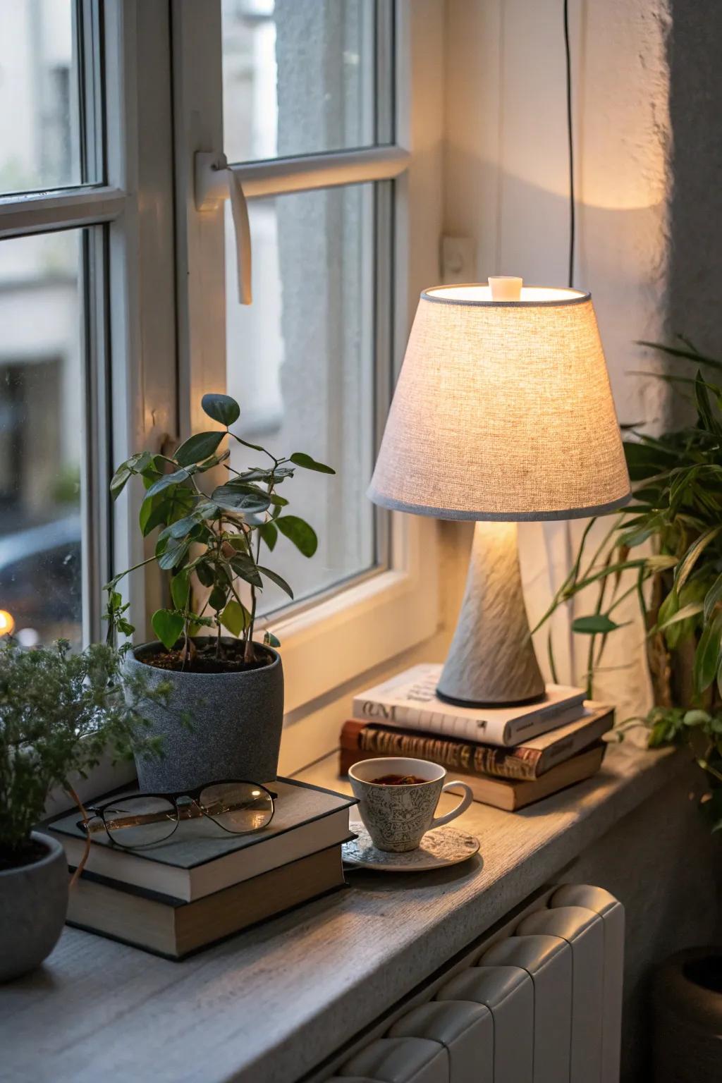 A light fixture on the windowsill gives both function and design.