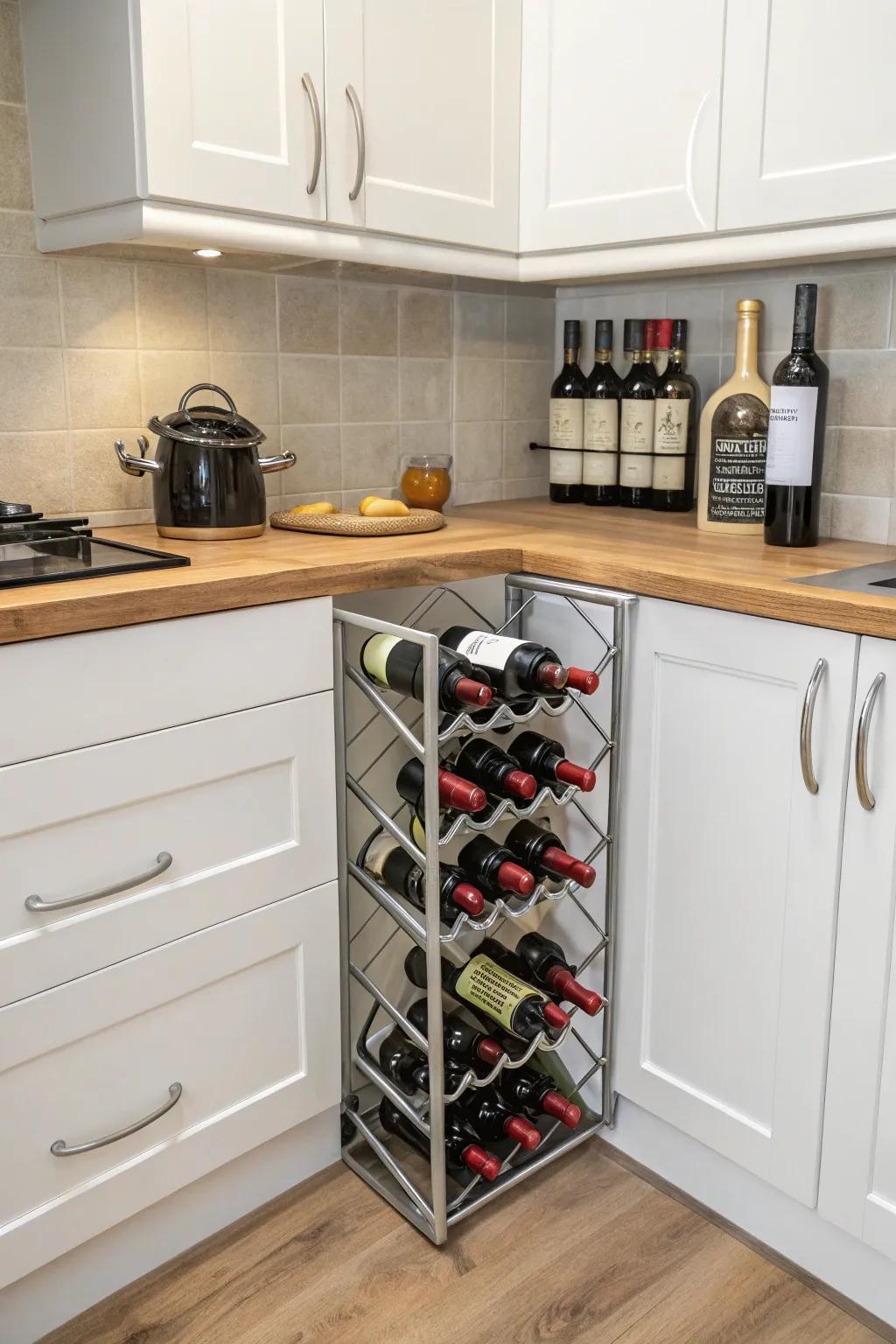 A compact corner wine rack maximizing small space storage.