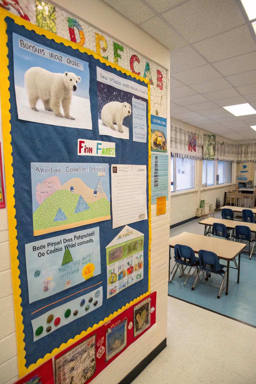 Polar bears morph into newfound companions on the preschool bulletin board.