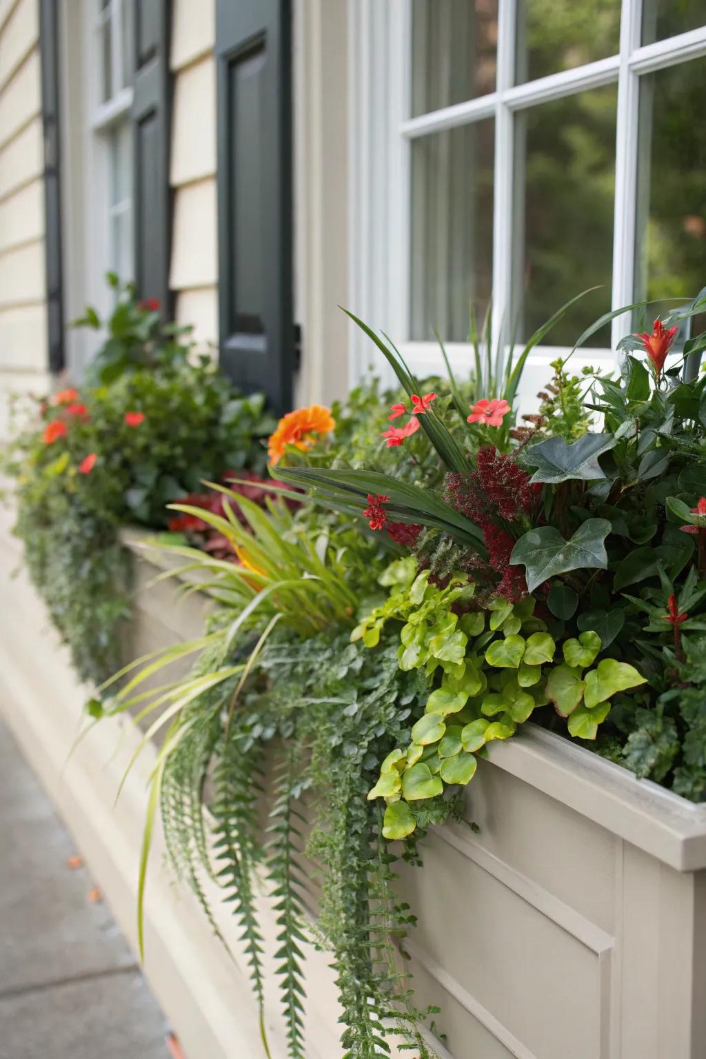 A mix of faux and real foliage keeps this window box fresh all winter.