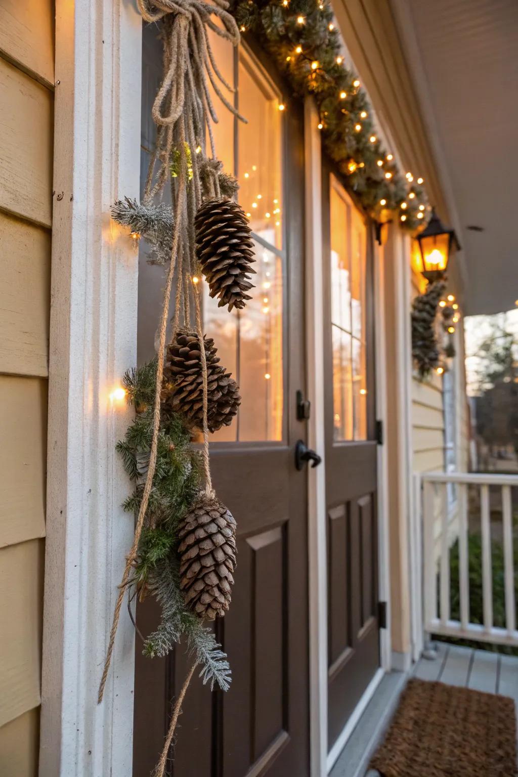 A conifer cone drop delivers rustic charm.
