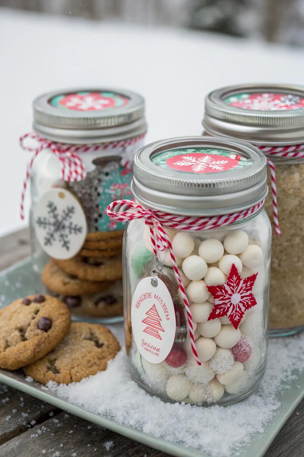 Frosted containers infuse a wintry accent to your treats.