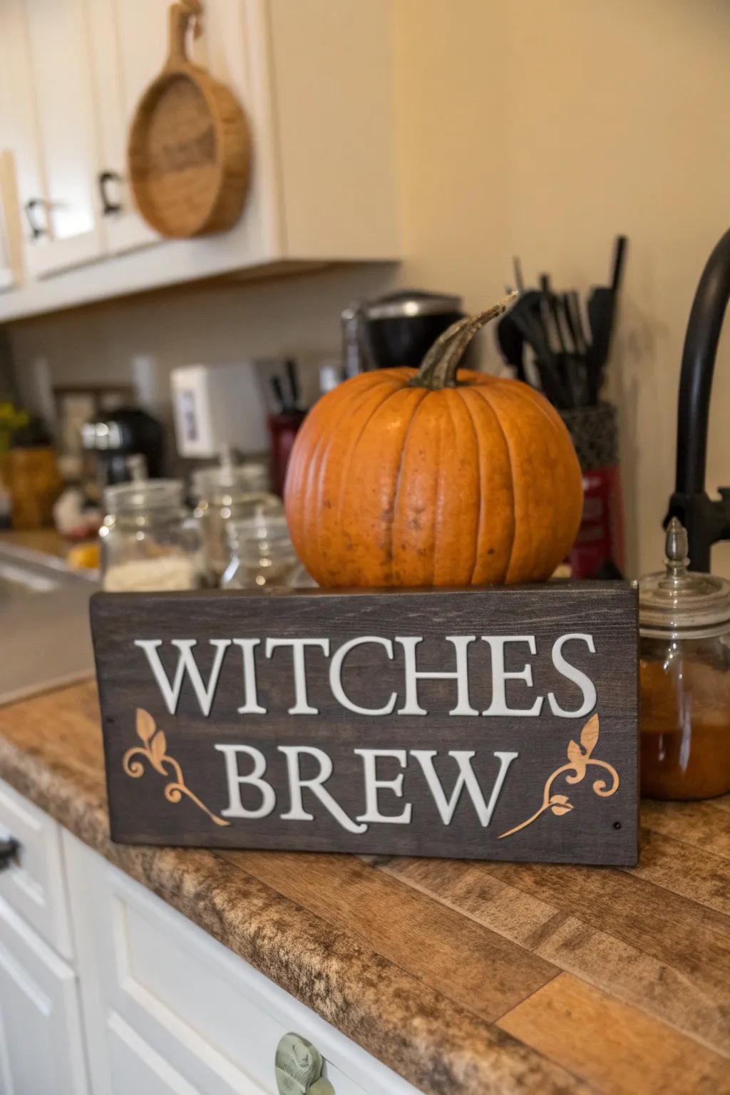 Gourd exhibiting a delightful Bewitched Brew sign.