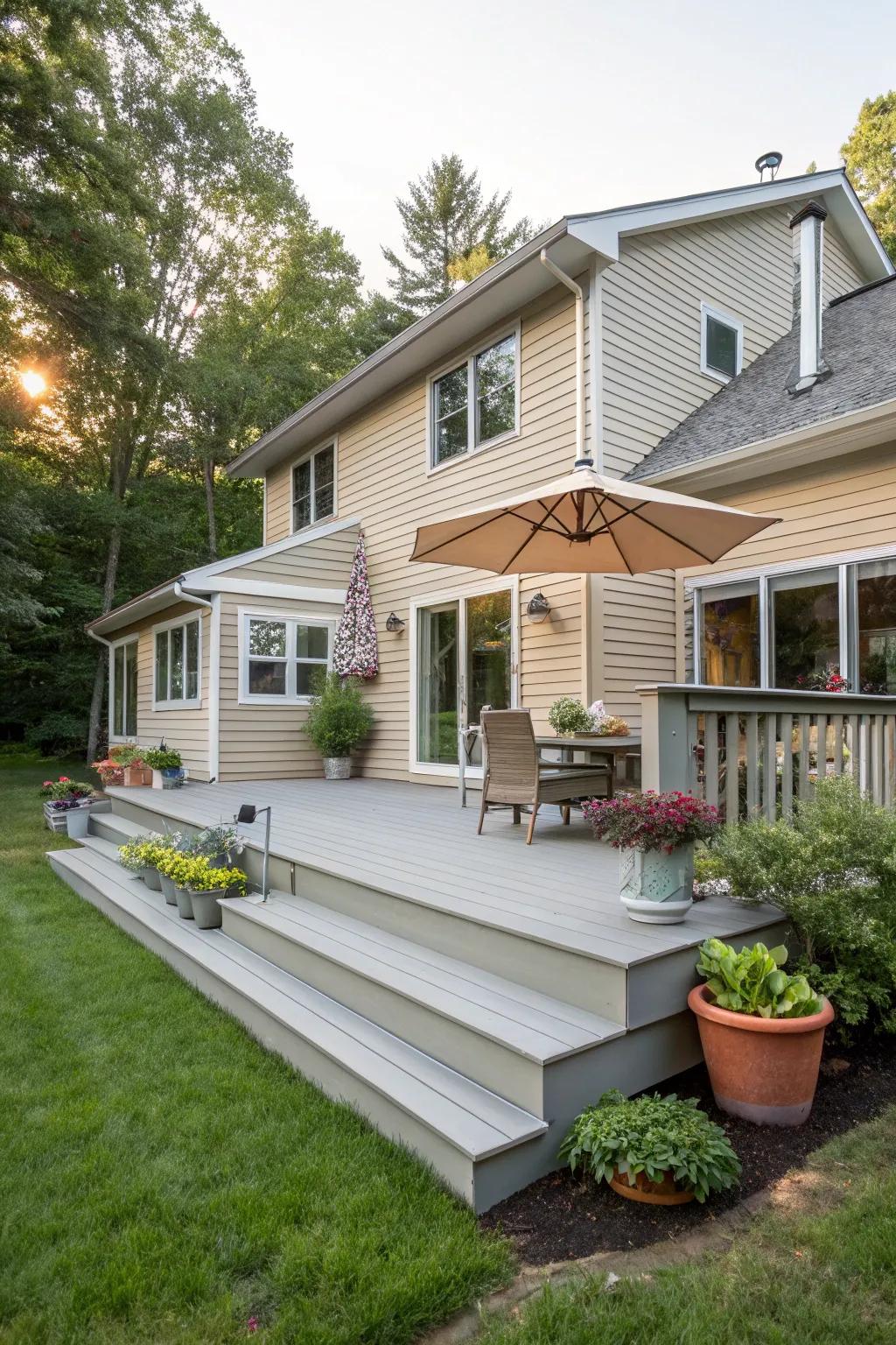 Light ash gray decking offers a gentle contrast, enhancing the breezy feel of a tan house.