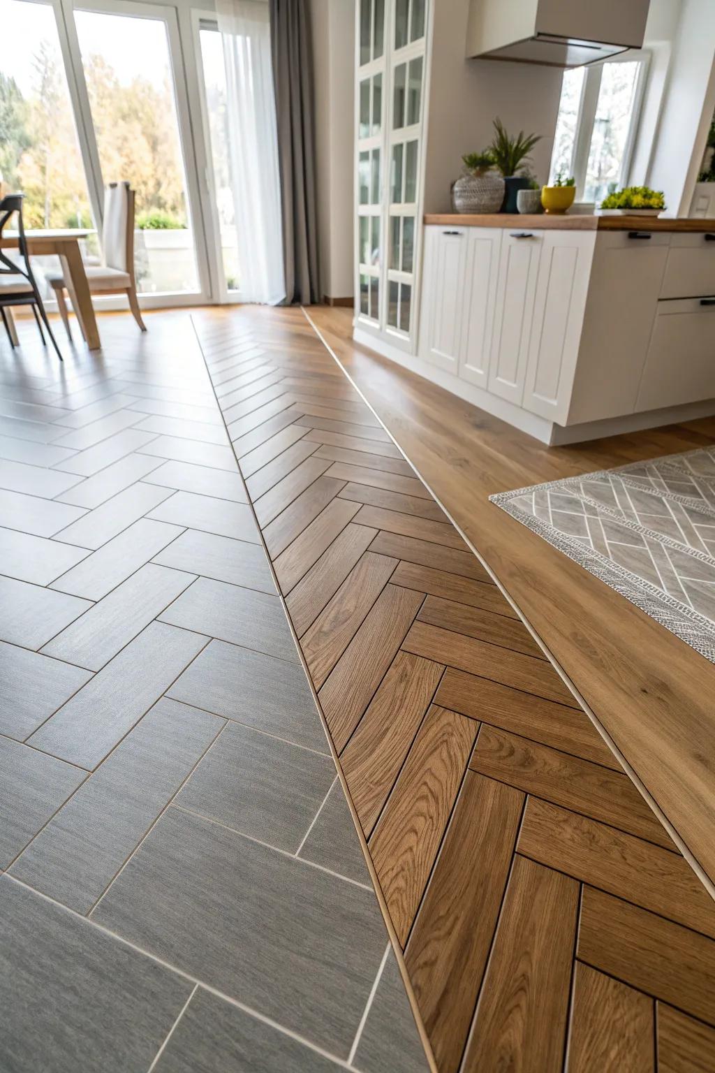 A contemporary interior features a diagonal transition connecting wood and tile flooring.